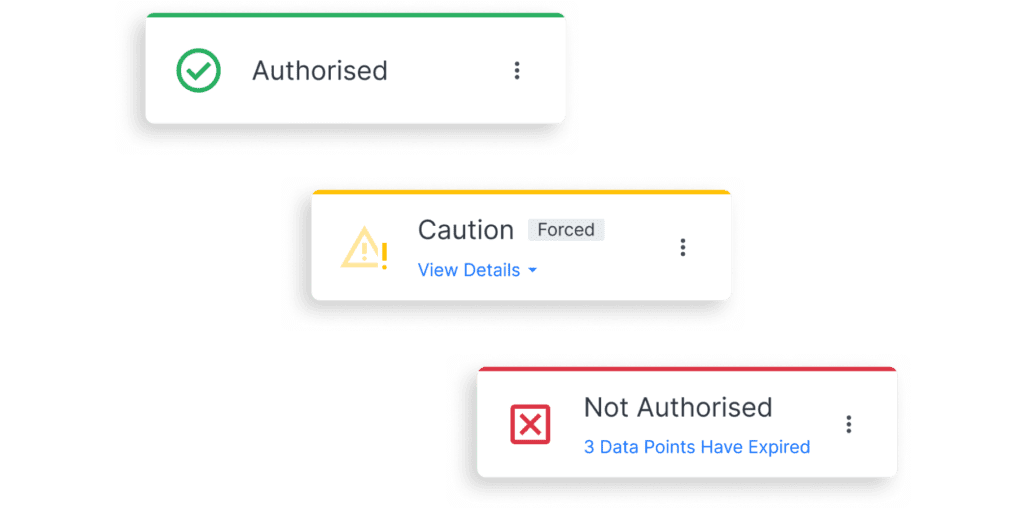 Three supplier profile status widgets: Authorised, caution and not authorised